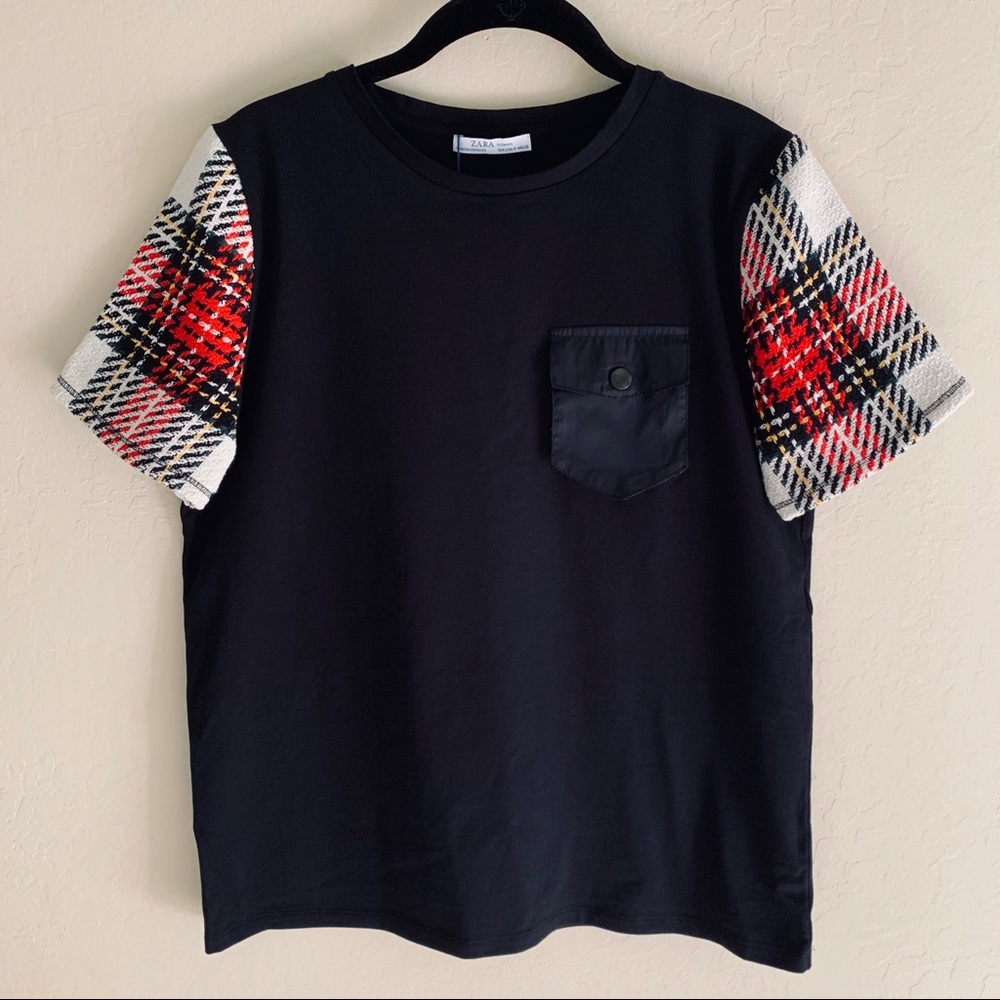 NWT Zara black top with tweed sleeves M.